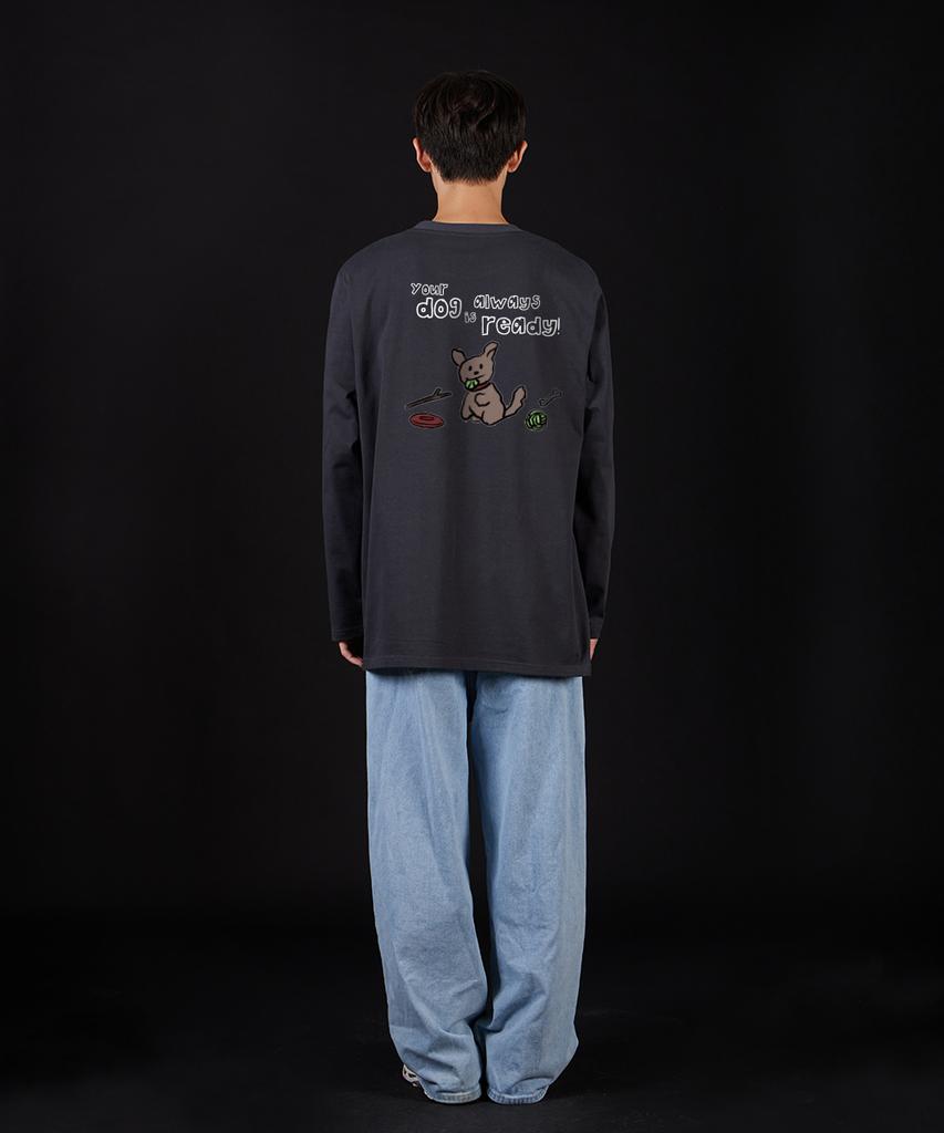 ASTRAL PROJECTION Doodle Puppy Oversized Long Sleeve T-Shirt_Charcoal