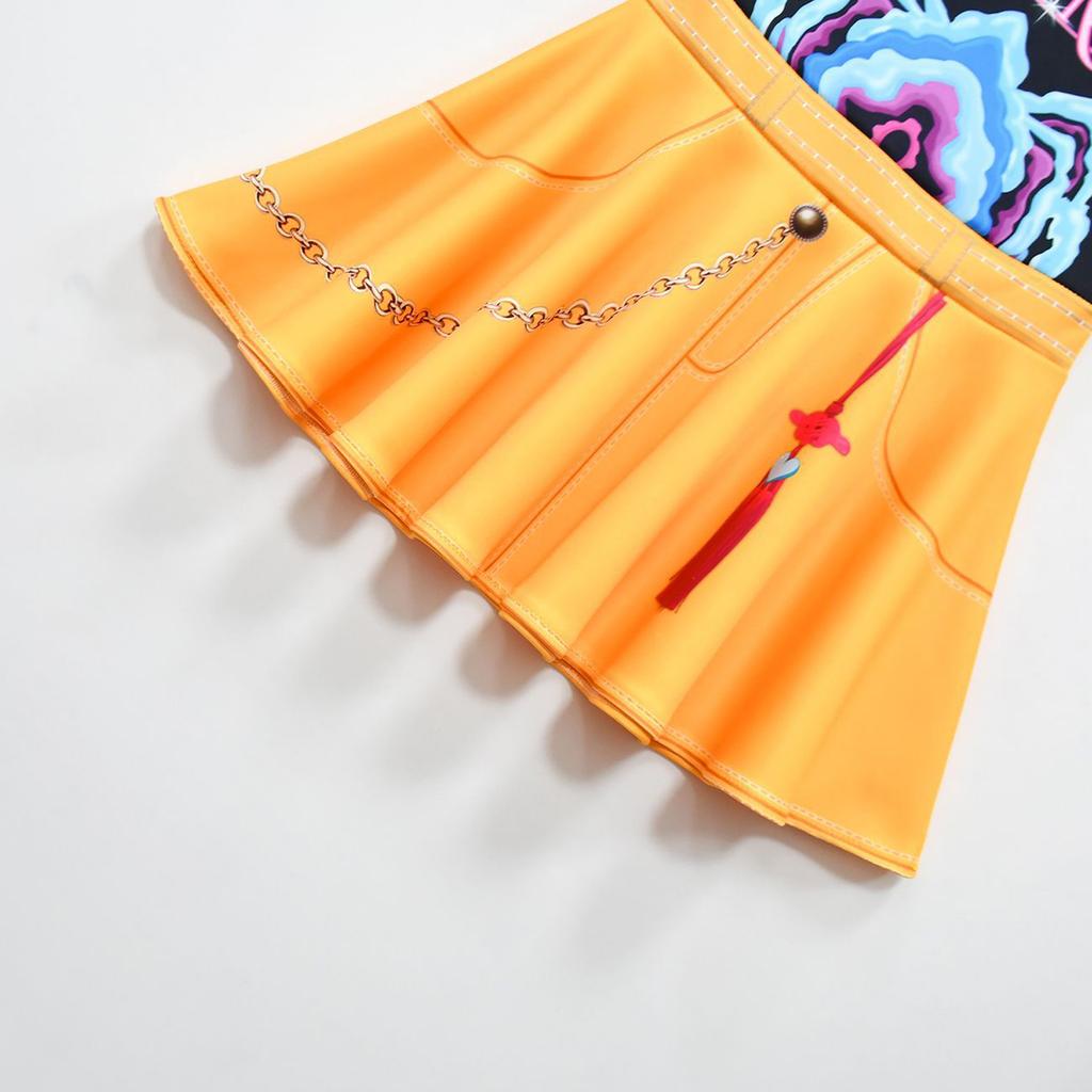 Children's Fashion Printed Denim Top And Short Skirt Set