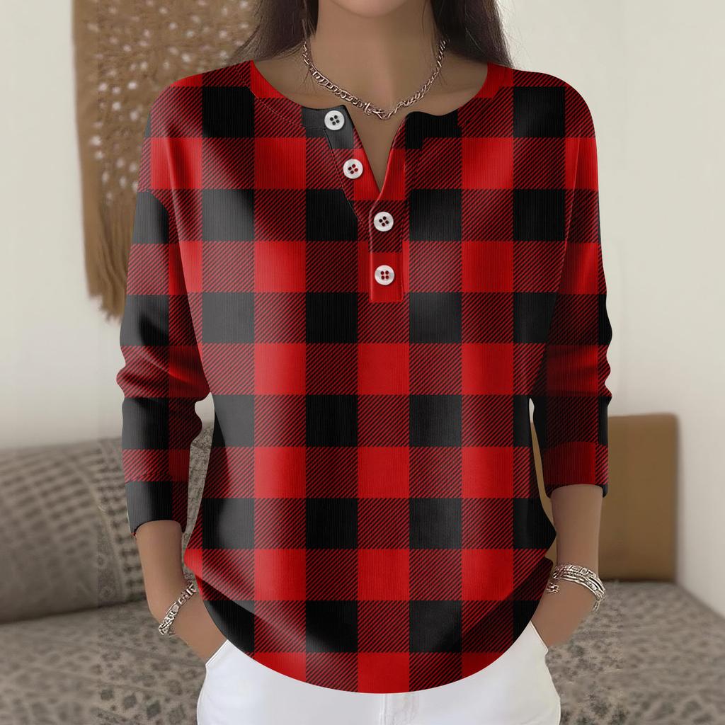 Women's Fashion Long Sleeve Plaid Geometric Print Top Elegant Casual Top