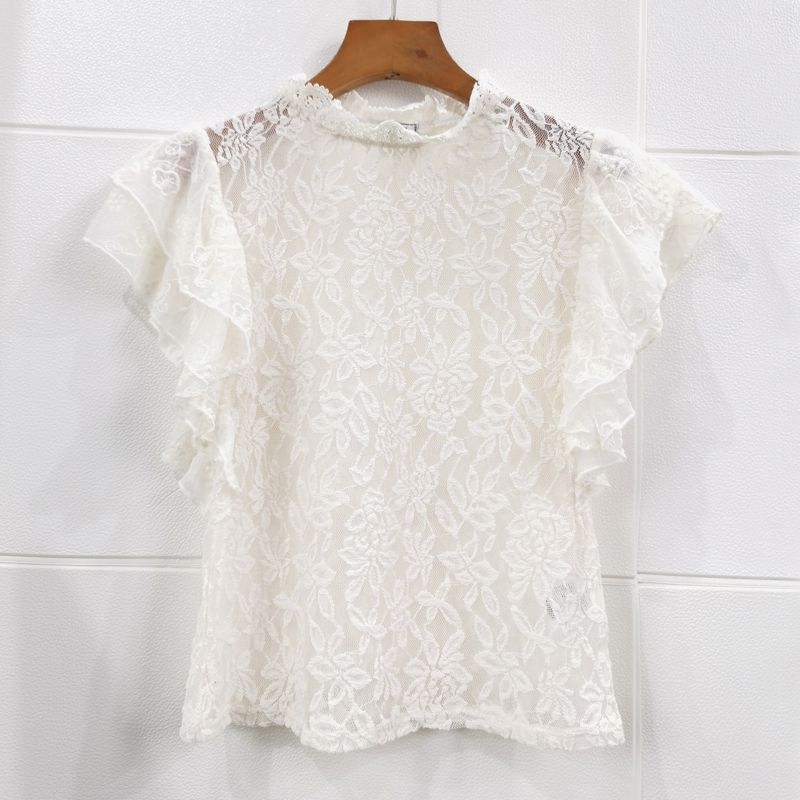 

Half-High Collar French Single Layer Sexy Hollow Lace Shirt Beige XS