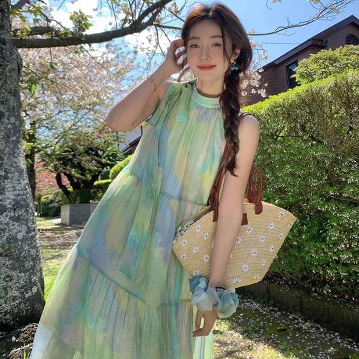 French sweet design smudged mint mambo green neck dress fairy summer seaside vacation skirt S