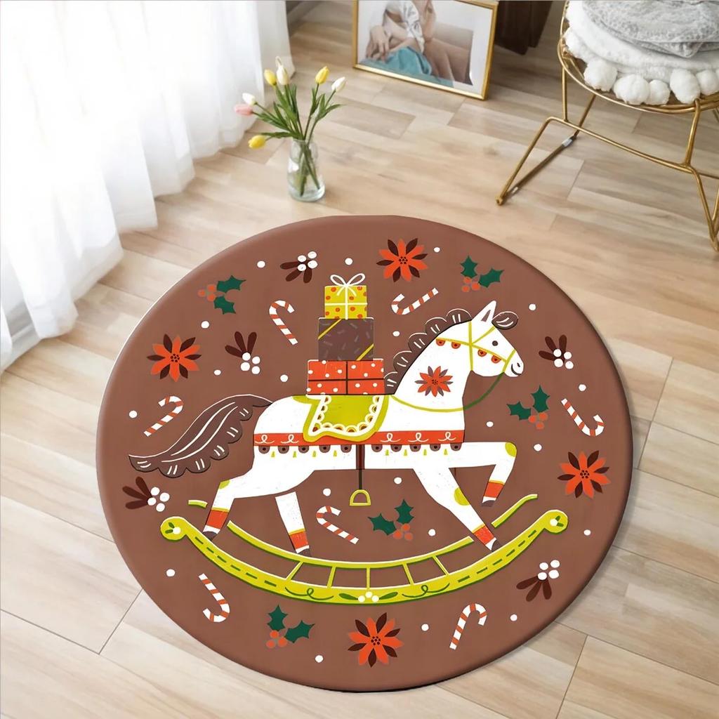Christmas Horse Printed Circle Carpet for Living Room Decor Ballerina Cartoon Round Rug Sofa Kid Non-slip Floor Mat Rugs