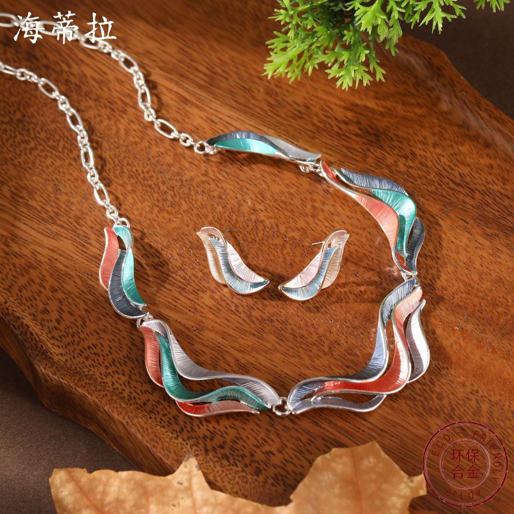 Emaliowane kolczyki sztyfty z geometrycznymi liniami i płatkami, naszyjnik, zestaw, damska moda, naszyjnik z nieregularnymi płatkami