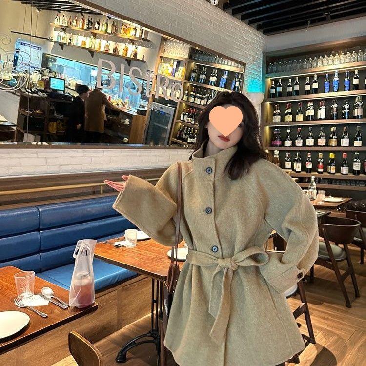 Koreaanse wollen jas voor dames - Herfst/winter, opstaande kraag, petite, losvallende bovenkleding