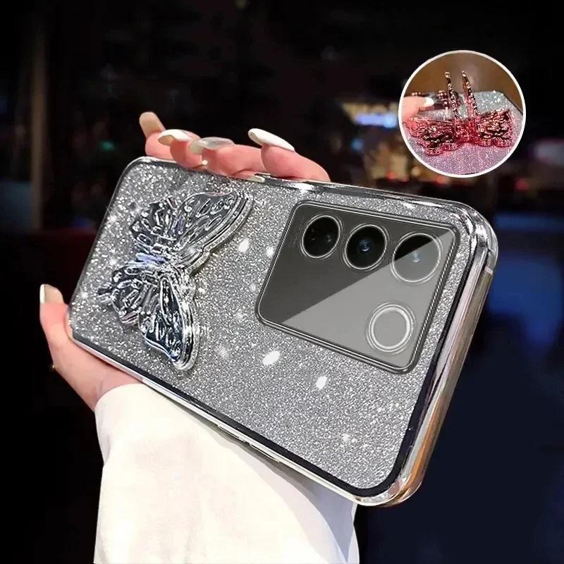 3D Butterfly Phone Holder Crystal Bracelet Glitter Plating Case for Samsung Galaxy A16 A06 5G Bling Soft Back Cover