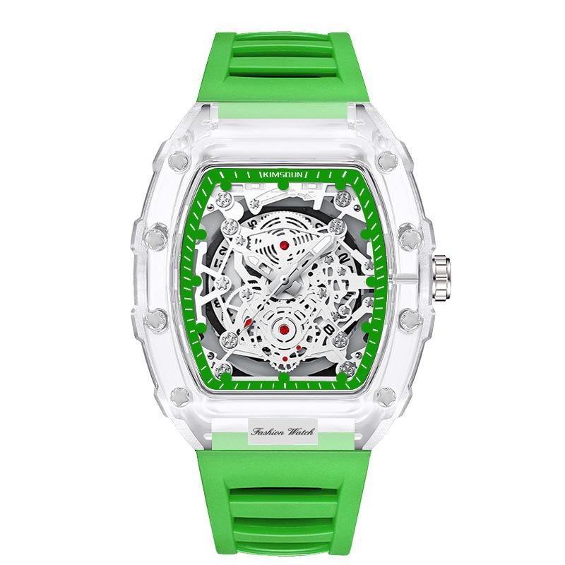 Fashionable Casual Men's Watch Luminous Calendar Function Silicone Strap Tonneau Shaped Transparent Case Men Quartz Watch Reloj