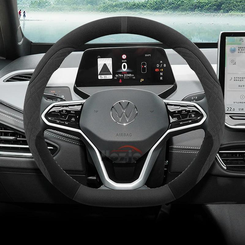 Suede Car Steering Wheel Cover for Volkswagen T-ROC R Taigo Touareg R Atlas R Taos T-Cross 2018 - 2023 2024 2025 Accessories