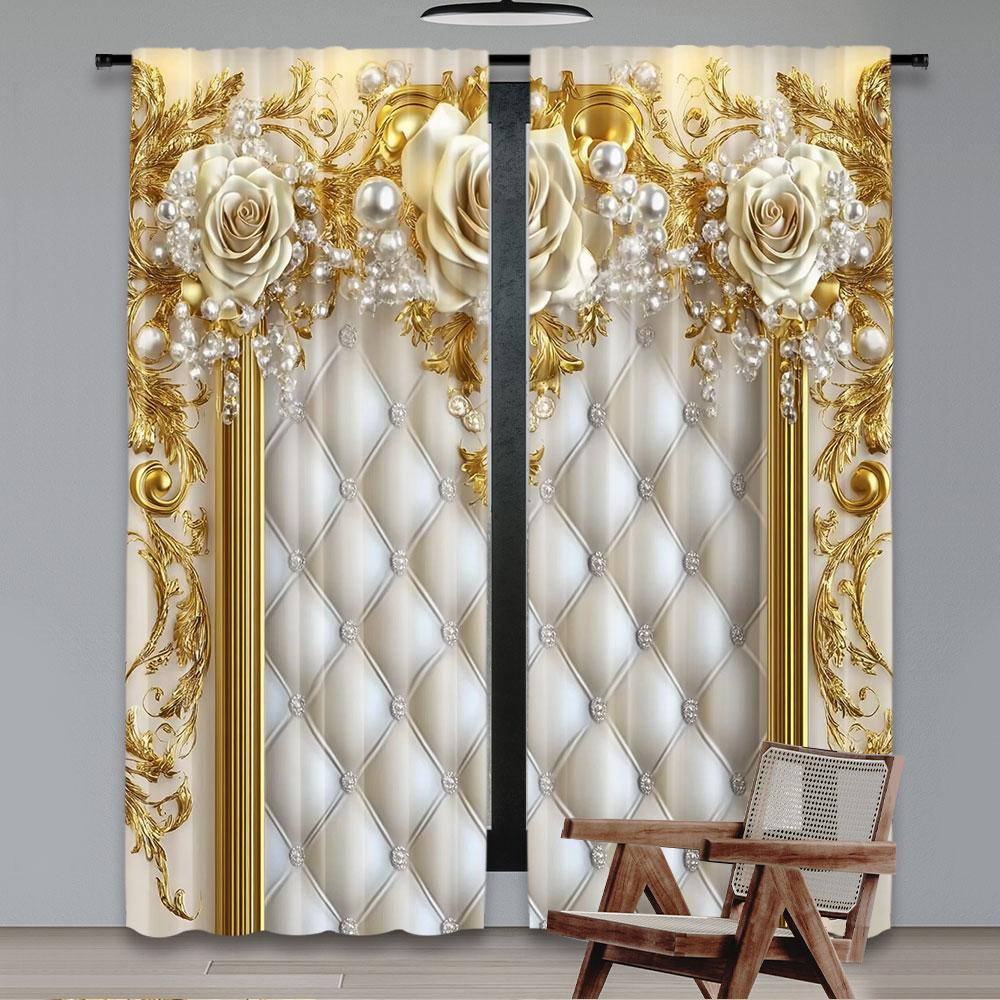 2Pcs Golden Flower Curtain Elegant European Style Suitable For Living Room Dining Room Kitchen Bedroom Bathroom Study Room