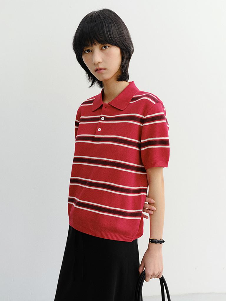 Deonseuteu Unisex Multi Striped Polo Knit_Udsw6B122_Red / Burgundy