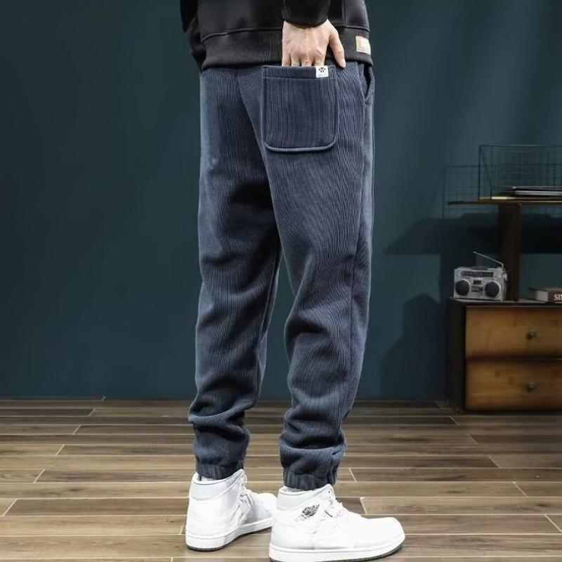 Korean Style Men's Autumn Winter Fleece Lined Loose Plus Size Casual Pants Youth Fashion Comfortable Cuffed Sweatpants