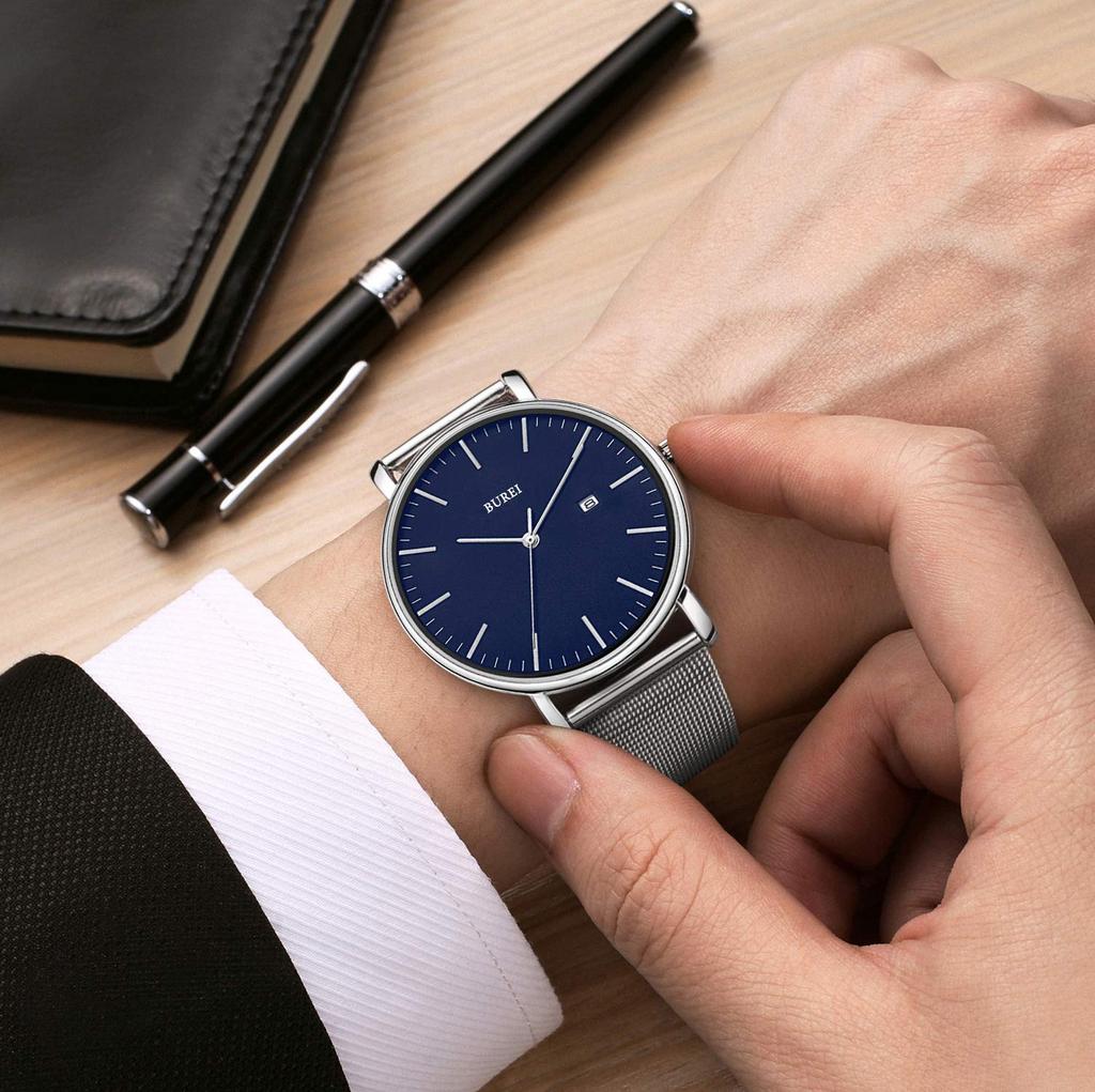 BUREI Men's Waterproof Analog Business Watch Milanese Mesh Band Stylish Date Blue Silver