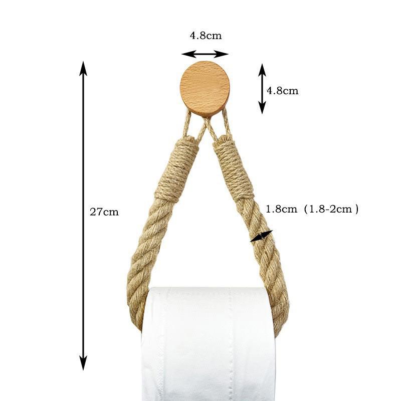 Hemp Rope Tissue Holder: Solid Wood & Cotton Woven Towel Rack, Creative No-Drill Roll Paper & Face Towel Storage Shelf