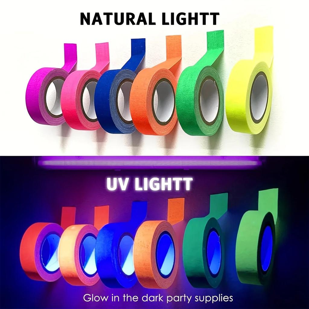 6 Colors Neon Gaffer Cloth Tape Fluorescent Rainbow Color Party Non-Reflective Glow Under UV Black Light in The Dark Tape