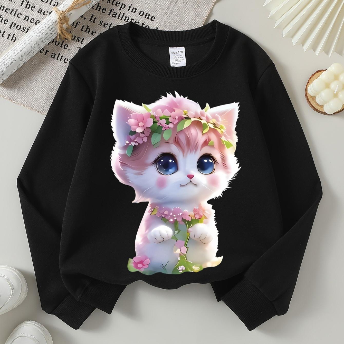 Kids Crewneck Long Sleeve Sweatshirt,Adorable Pink Flower Cat Print 110