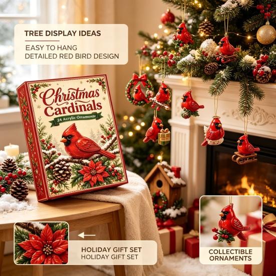 Advent Calendar for Kids Red Bird Calendar, 24-Day Christmas Countdown Set with Acrylic Ornament Collection Ornaments, 2D Tree Hanging Decor,