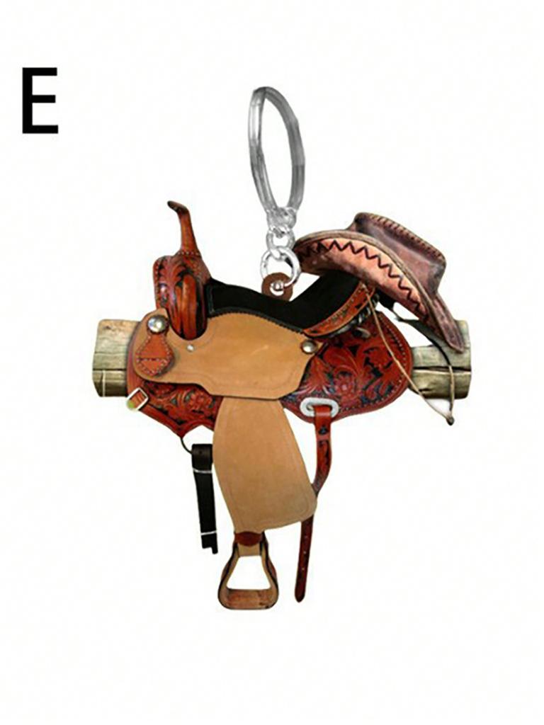 1 Pc Western Cowboy Saddle Acrylic 2D Keychain Pendant Personalized Decoration Universal Men's and Women's Flat Keychain