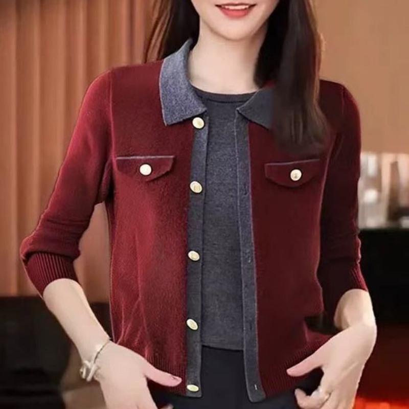 

Женский модный двухслойный свитер с цветными блоками для весны и осени, верхняя одежда, отложной воротник поло, свободный короткий вязаный топ L красный