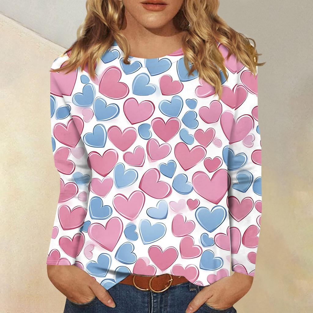 Long Sleeve Shirts For Women Cute Print Graphic Tees Blouses Casual Plus Size Basic Tops Pullover Valentine's Day