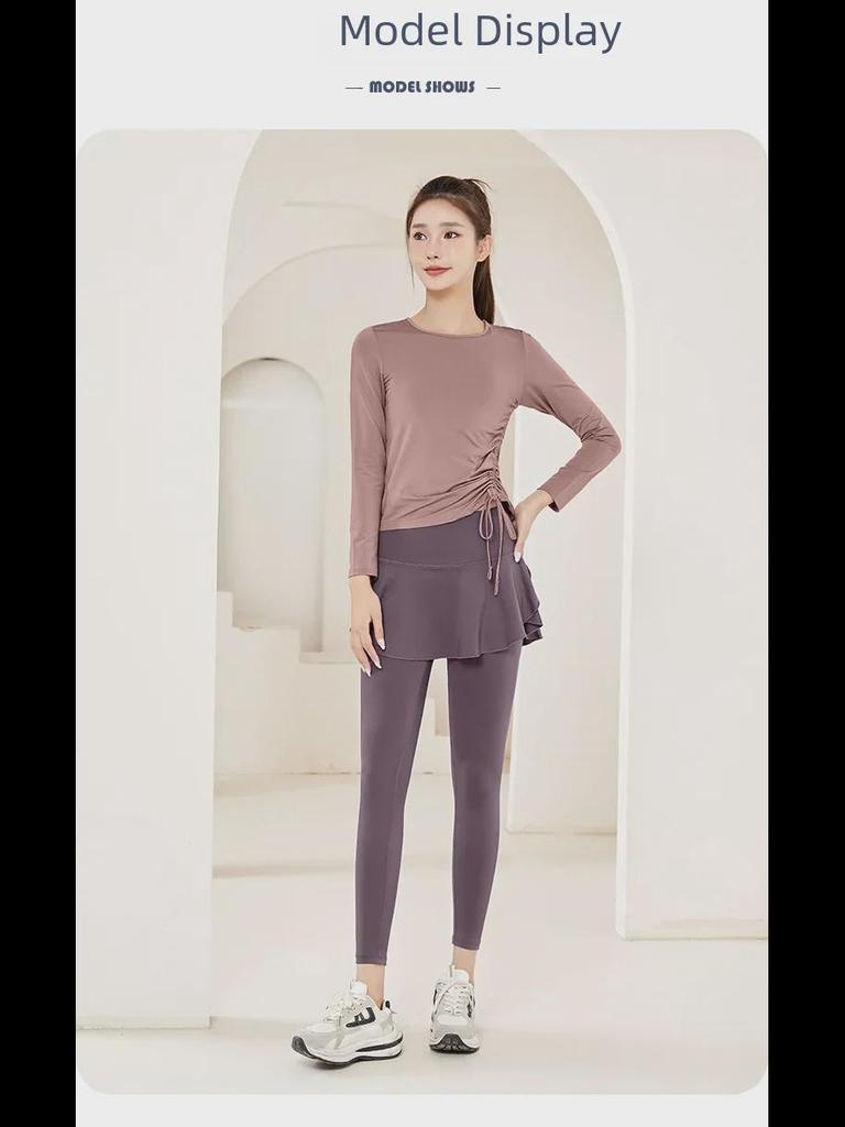 Two-Piece Women's Yoga Skirt Set: Long Sleeve Sports Top for Running, Fitness, and Pilates