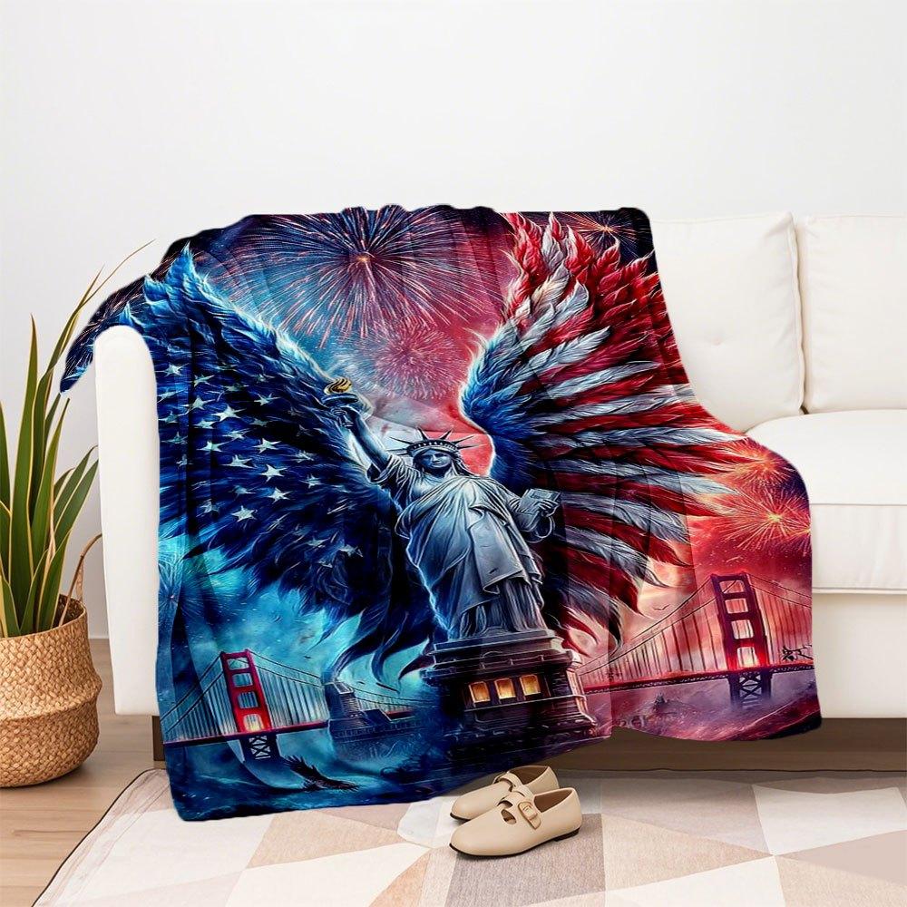 "Liberty Angel: Patriotic Wings Statue of Liberty Art Print"Blanket Flannel Throw Blanket for Sofa, Bed, Travel, Camping, Office