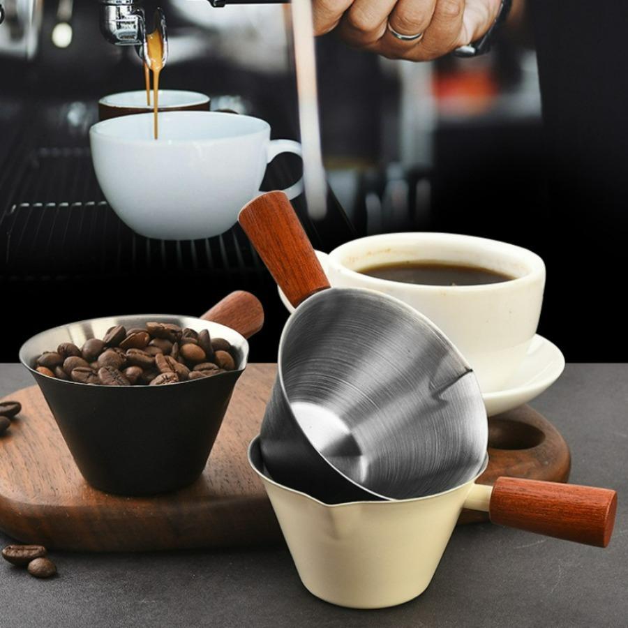 [Measuring Cup] Stainless Steel Espresso Cup | Wooden Handle & Dual Spouts