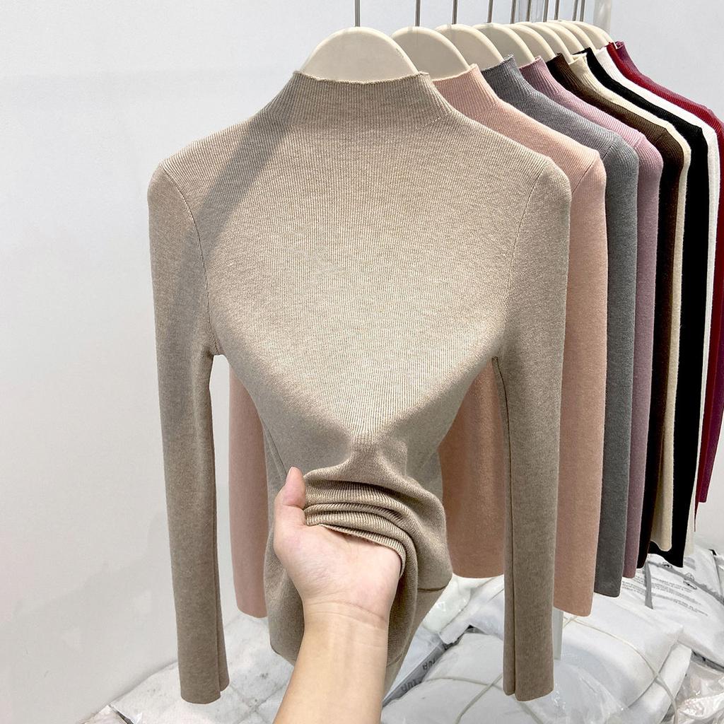 Semi-turtleneck white angola red knitted sweater women's autumn and winter slim-fitting and thin top basic inner bottoming shirt