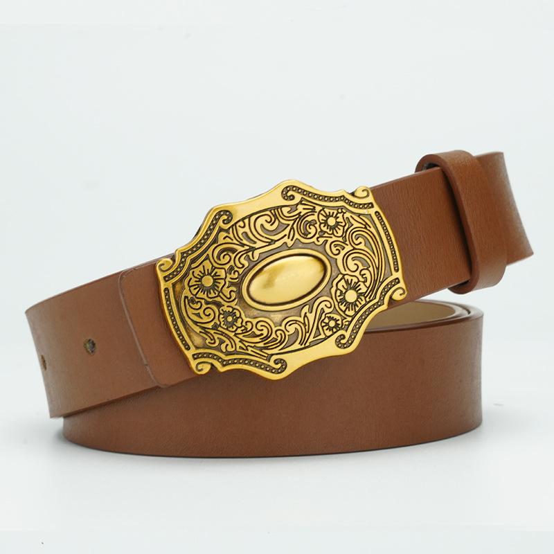 

Ретро женский ремень из коровьей кожи с перфорацией, коричневый черный ремень для брюк, натуральная кожа, гладкая пластинчатая пряжка