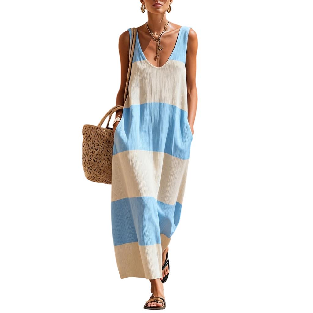 Sleeveless Vintage Long Dress Retro Off Shoulder Casual Summer Vacation Maxi Dress Simple Loose Fit Beach Dress for Women