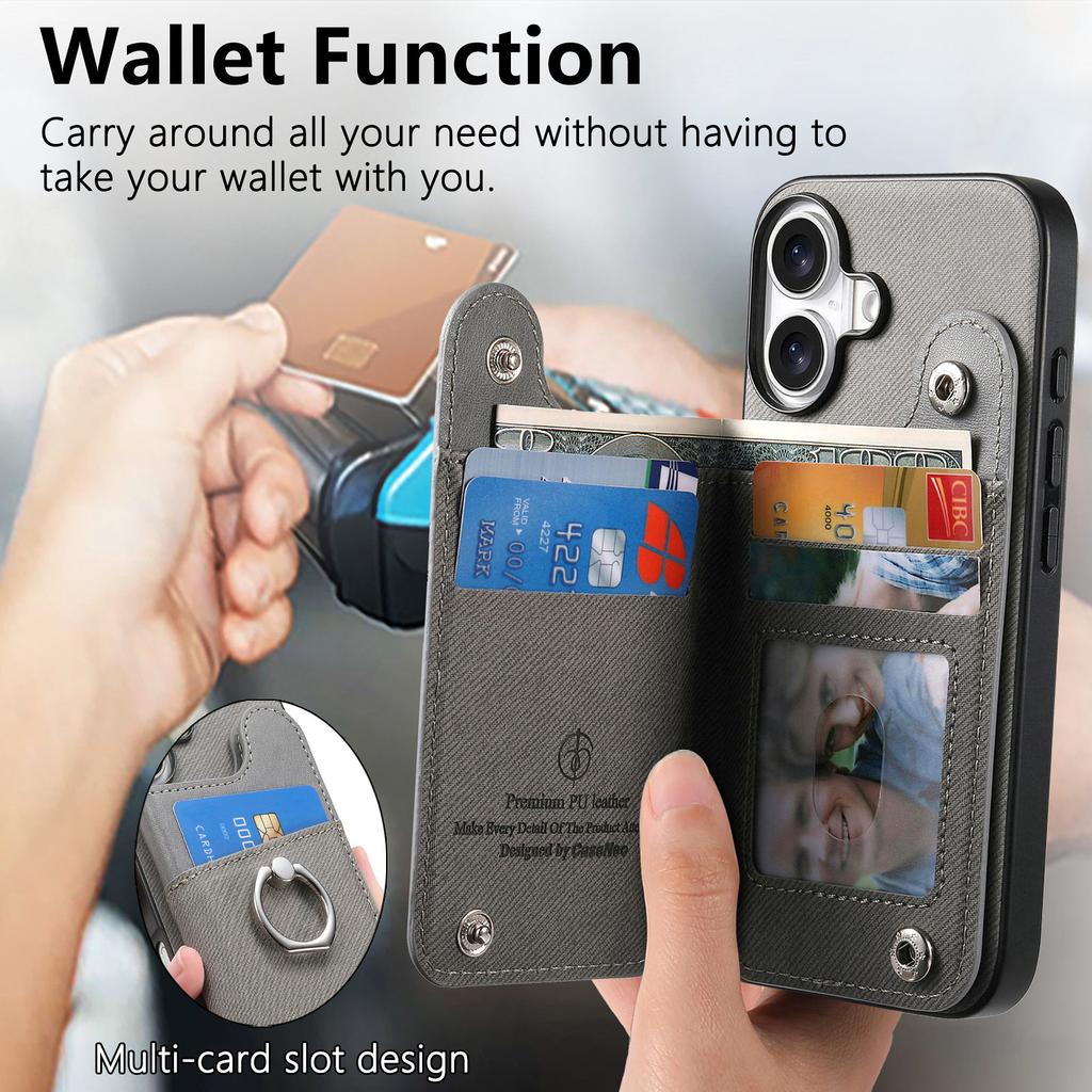 For iPhone 17 Case with Card Holder Kickstand Leather + TPU + PC Phone Cover