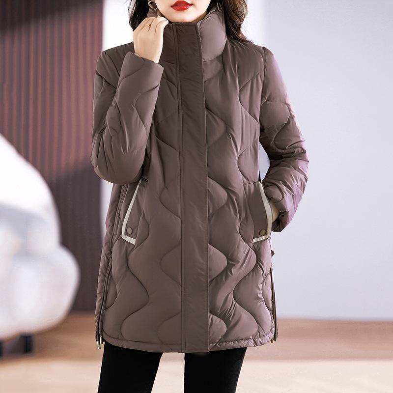 Stand-up collar without hat down cotton clothes women's medium and long warm loose large size middle-aged mother's new winter fashion coat