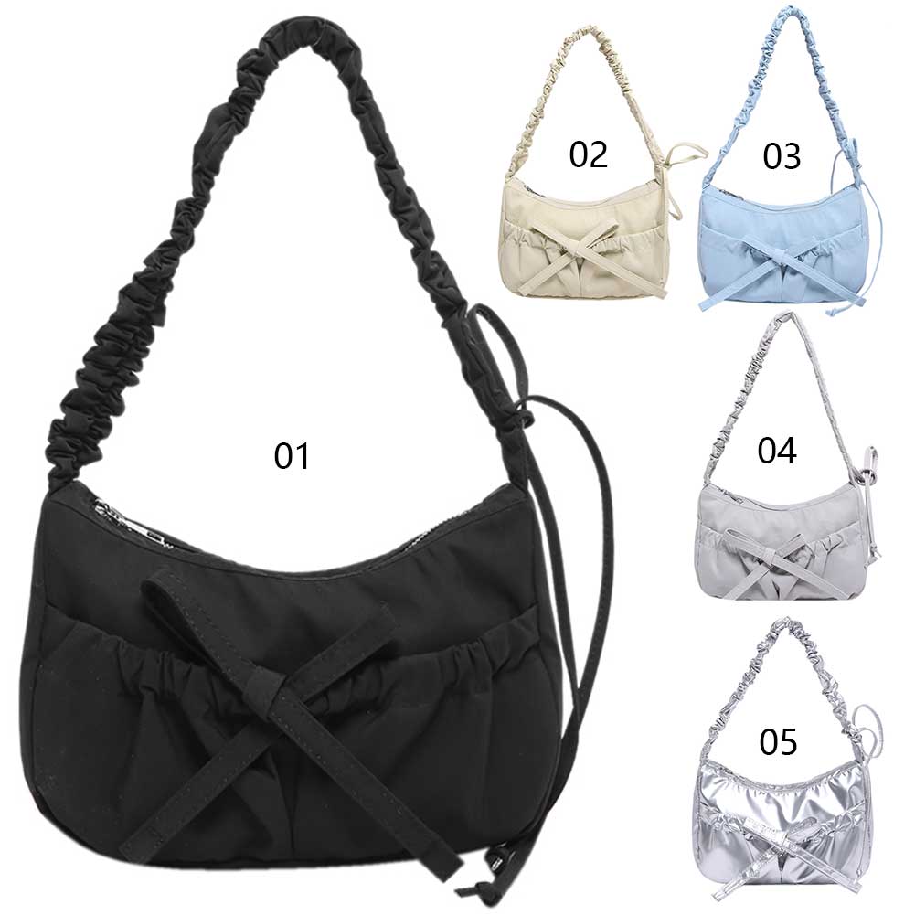 Women Casual Underarm Bag with Ruched Drawstring Strap Bow Ladies Outdoor Bag