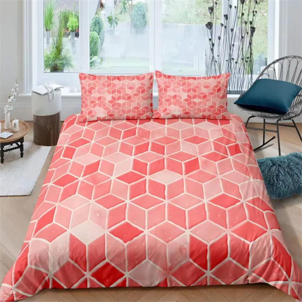 Red Glowing Polygonal Grid Pattern Bedding Set, 135×200 Duvet Cover Set With Pillowcase, 260×220 Quilt Cover Black Blanket Cover