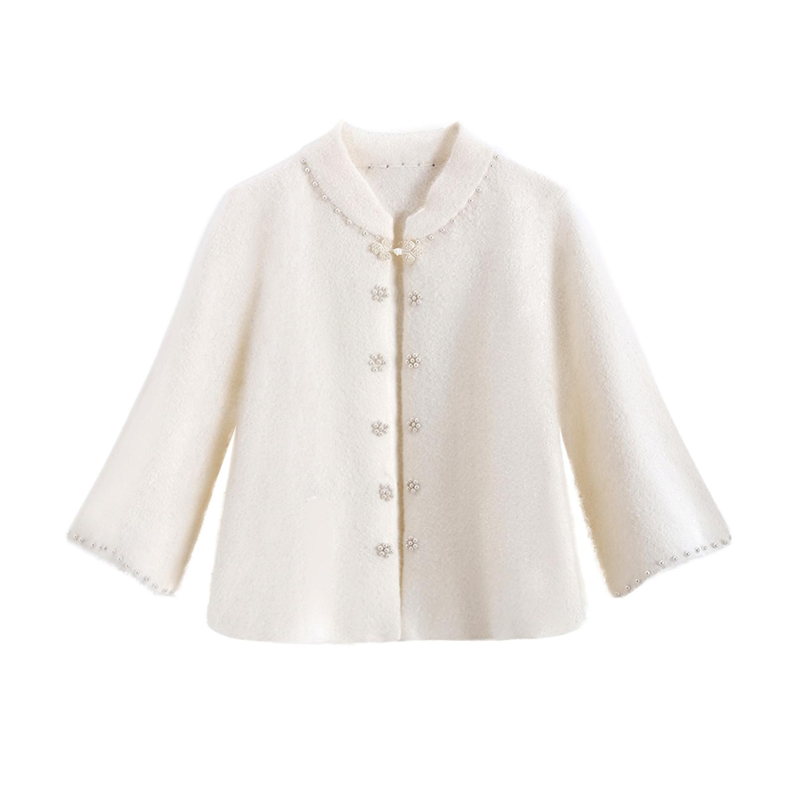 

Ladies Fashionable High-end Sleeved Cardigan Solid Color Knitted Jacket One Size белый