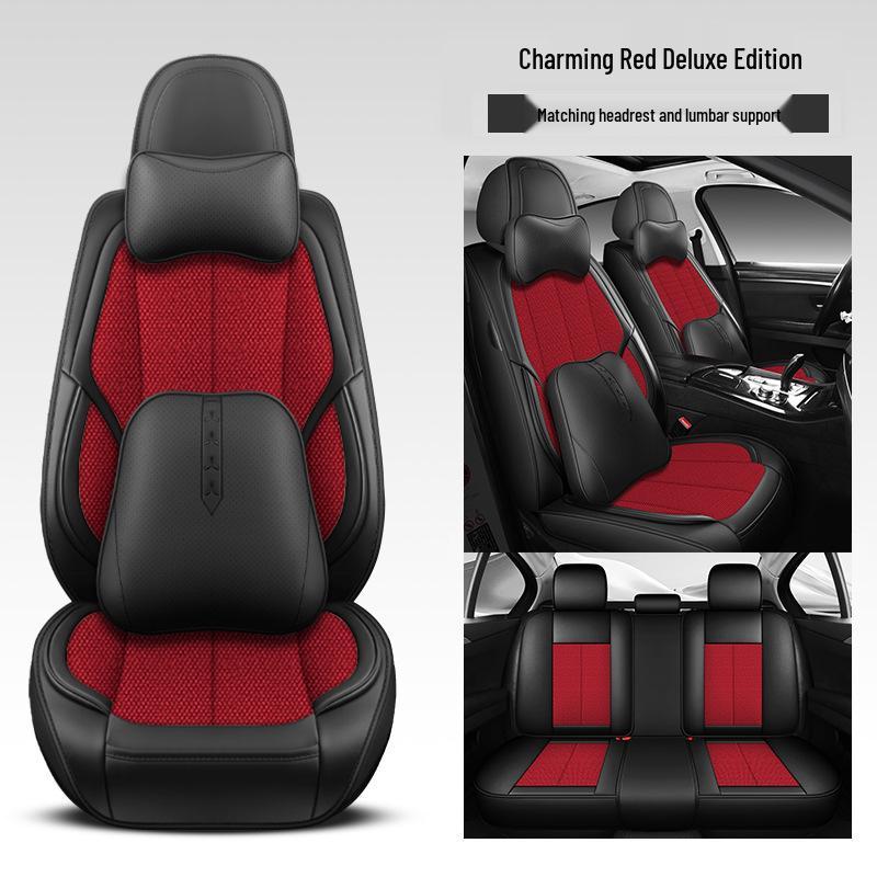 Universal Five-Seater Car Seat Cushion with Leather and Hemp Lumbar Support - All Seasons