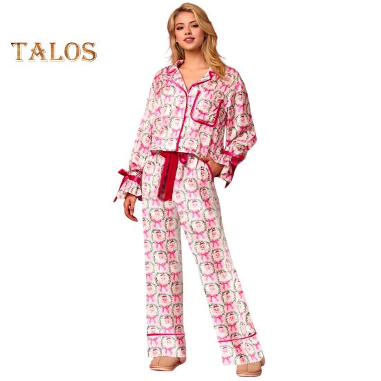 

2 шт./комплект рождественская пижама с принтом Санты, отложным воротником, однобортная, с длинным рукавом, атласная ночная рубашка, кардиган, топ, широкие брюки, одежда для сна на Новый год S розовый