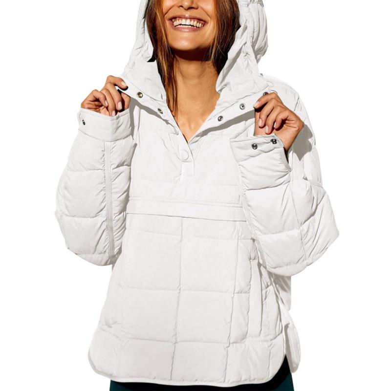 Women's Autumn/Winter Solid Color Hooded Cotton Jacket: Foldable, Long Sleeve, Pullover with Pocket.