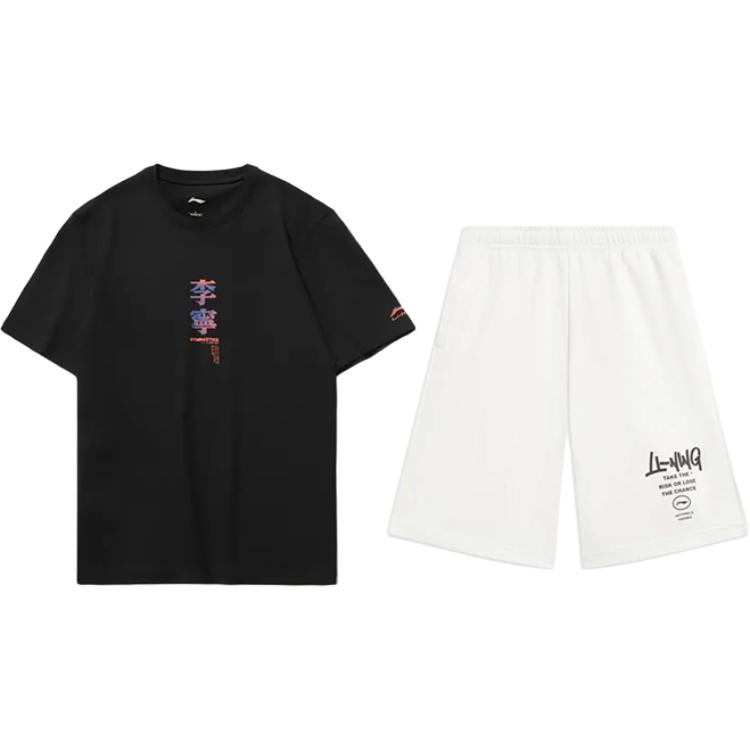 Li Ning Theme Print Trendy Personality Round Neck Pullover Short Sleeve T-Shirt Casual Sports Set Unisex Tops Black White AHSU971-1+AKST593-7