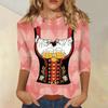 Women Casual Three Quarter Sleeve Oktoberfest Print Round Neck Shirt Lightweight Comfortable Fit Stylish Design