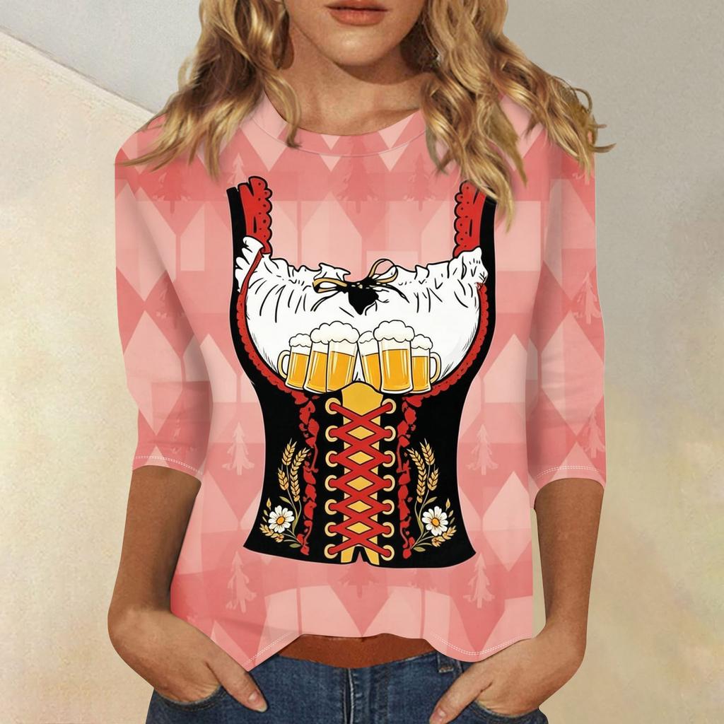 Women Casual Three Quarter Sleeve Oktoberfest Print Round Neck Shirt Lightweight Comfortable Fit Stylish Design