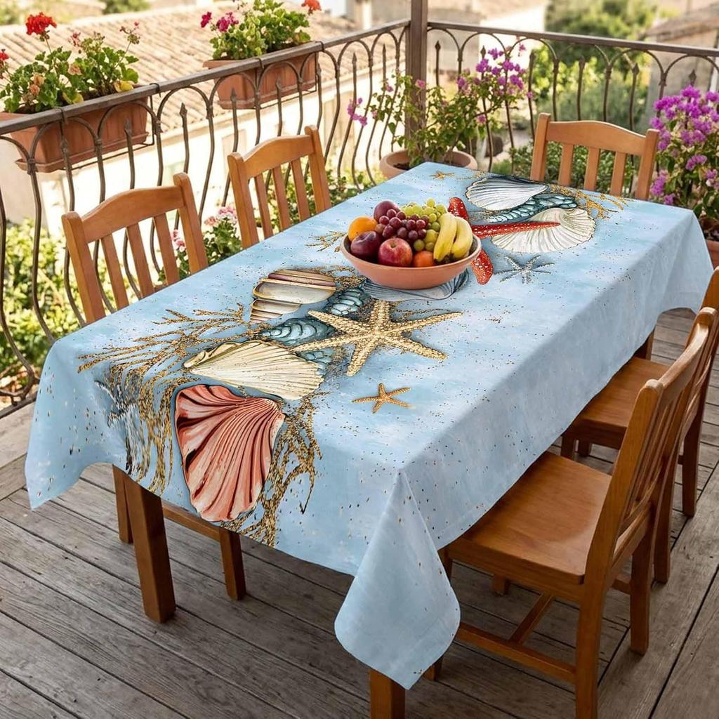 Ocean Starfish Shell Conch Rectangle Tablecloth for Table Decor Blue Gradient Ocean Print Kitchen Dining Table Cloth Party Decor
