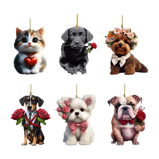 Cute Cat Dog Rose Pendants 2D Acrylic Keychain Novel Pet Themed Charm for Car Mirror Bag Home Festive Decoration
