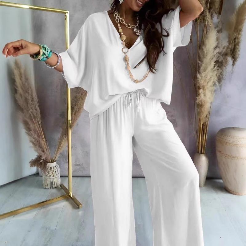 Γυναικείο Σετ Παντελόνι Καθημερινό Χαλαρό Με Φαρδύ Πόδι Με Μανίκι Νυχτερίδα Και Λαιμόκοψη V