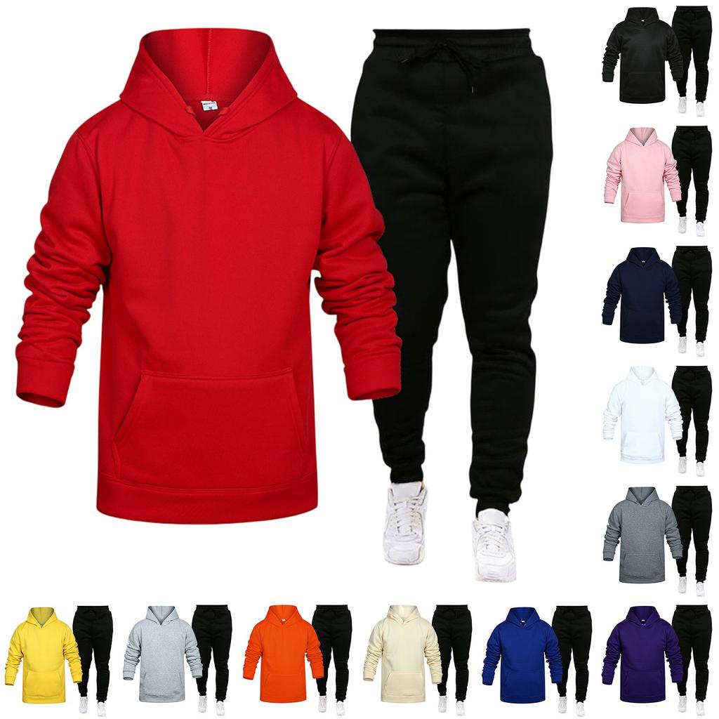 Men's Winter Solid Color Long-Sleeved Hooded Drawstring Sweatshirt And Sweatpants Suit