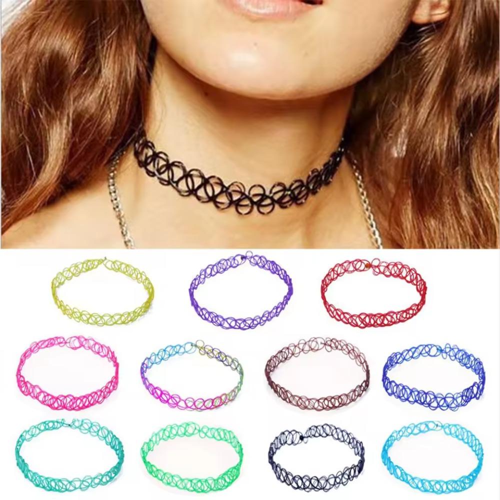 Vintage Tattoo Halsketten Set für Damen Mädchen Elastische Schlüsselbein Kette Bunte Punk Gothic Stretch Choker Spitze