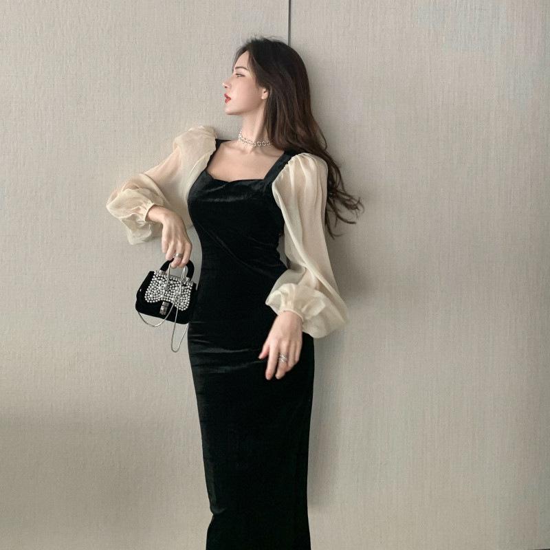 #Good Quality New Black French Celebrity Temperament Versatile Muse Fan Golden Velvet Square Neck Dress
