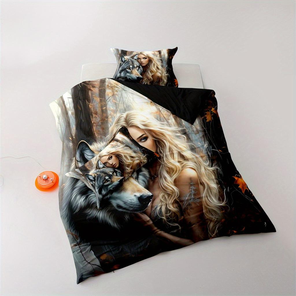 Animal Theme Down Wolf and Beauty Pattern Printed Duvet Cover Set - Comfortable and Breathable Beauty Theme Printed Bedding Set