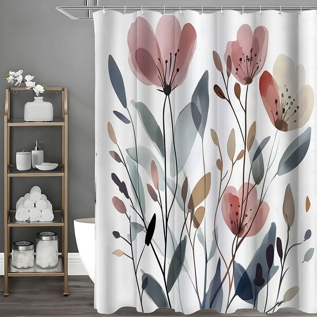 Bohemian Floral Watercolor Wildflower Design Shower Curtain, White, Gray, Pink, Botanical Bathroom Decor, Shower Curtain with Ho