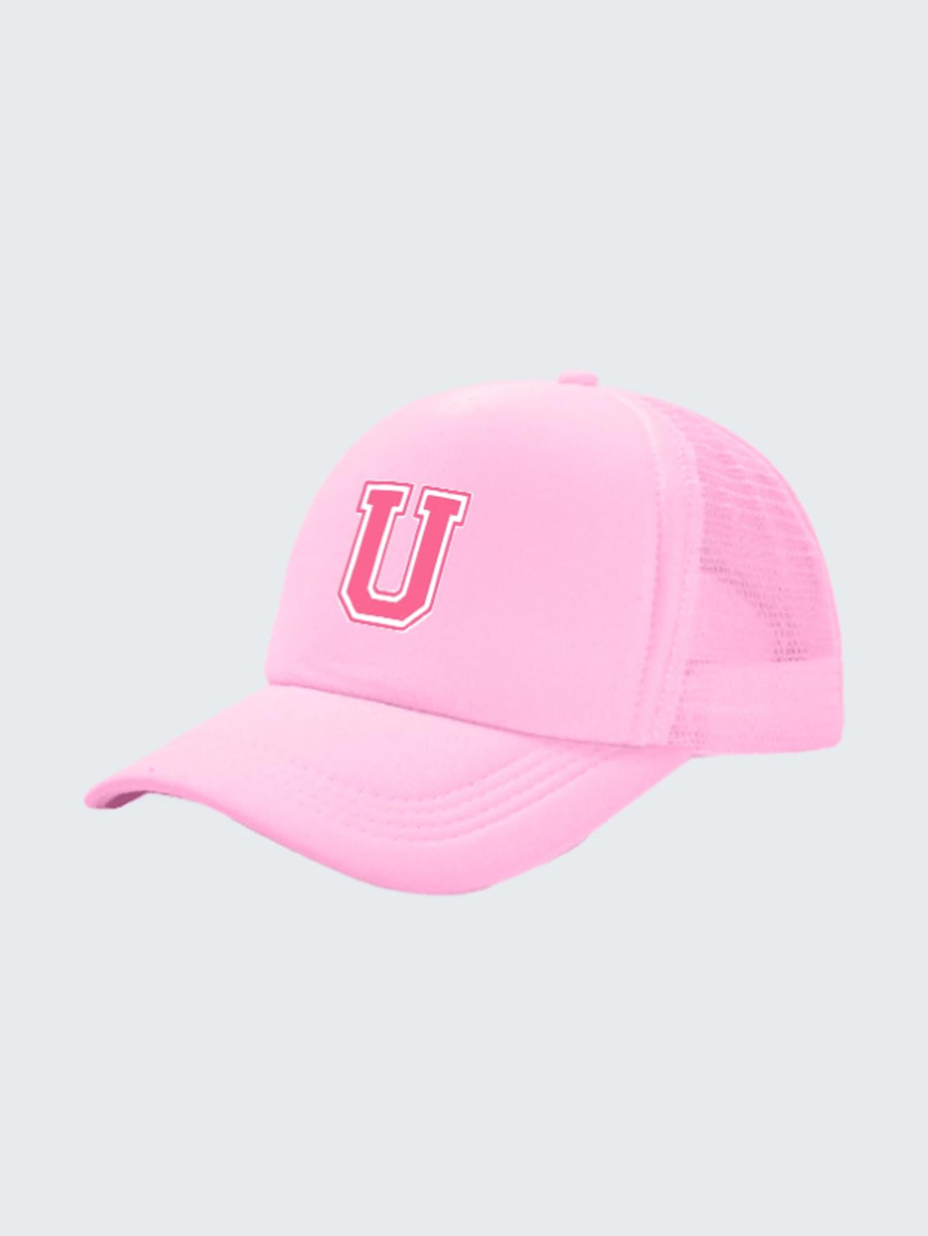 1pc Kid s 26 Alphabet Baseball Cap, Fashion Versatile Casual Sun Hat,Pink Mesh Breathable Trucker Cap, Suitable For Girls One Size