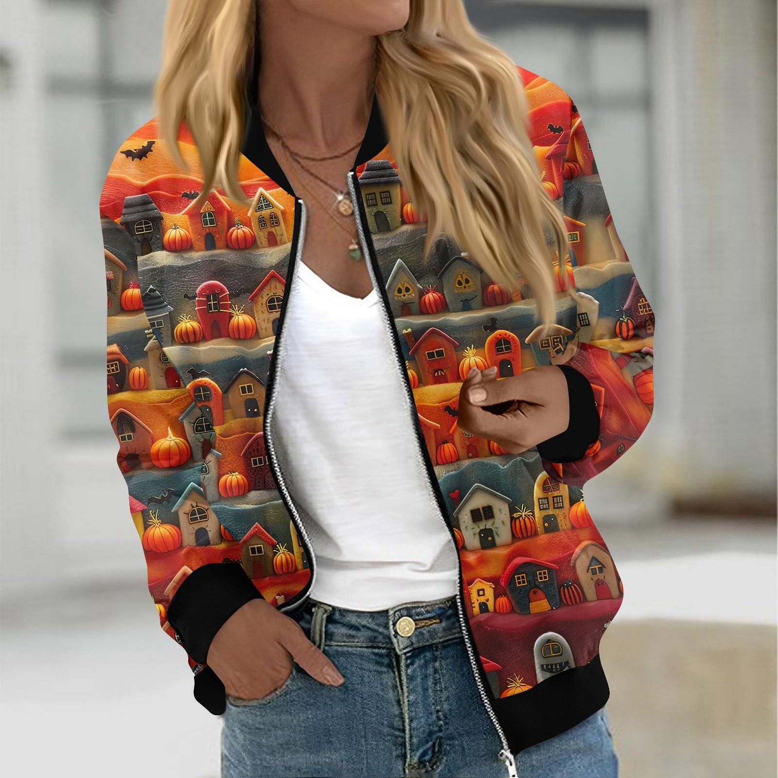 

Женская модная повседневная куртка с длинным рукавом и принтом на Хэллоуин с круглым вырезом на молнии XL киноварь