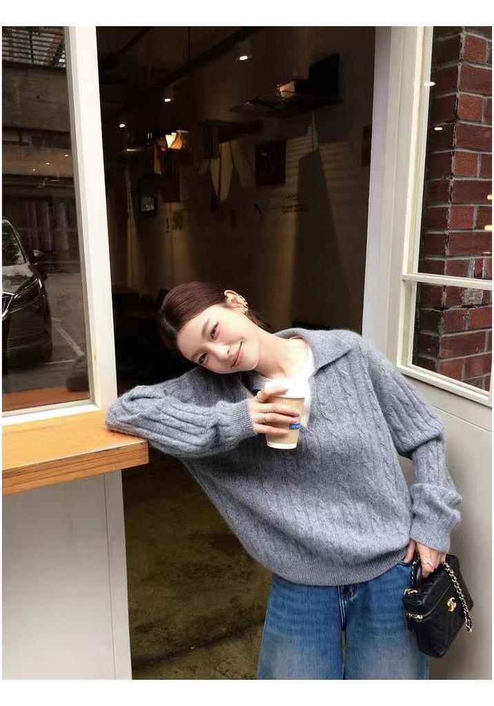 Women's Two-Piece Look Polo Collar Wool Sweater - Thick and Loose Knitwear for Autumn/Winter
